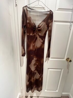 Brown Long Sleeve Sheer Midi Dress with Twist Front
